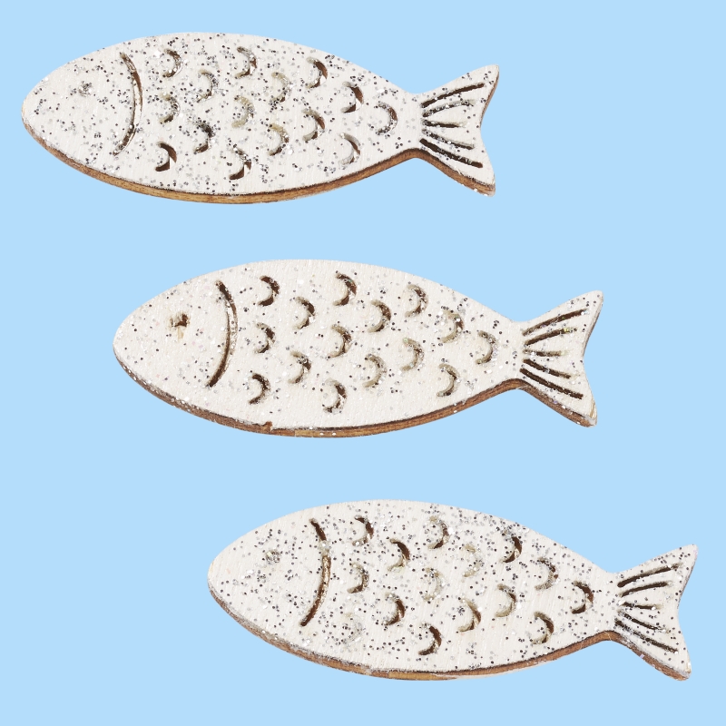 Fische Holz Glimmer, 4cm, 6St. weiss