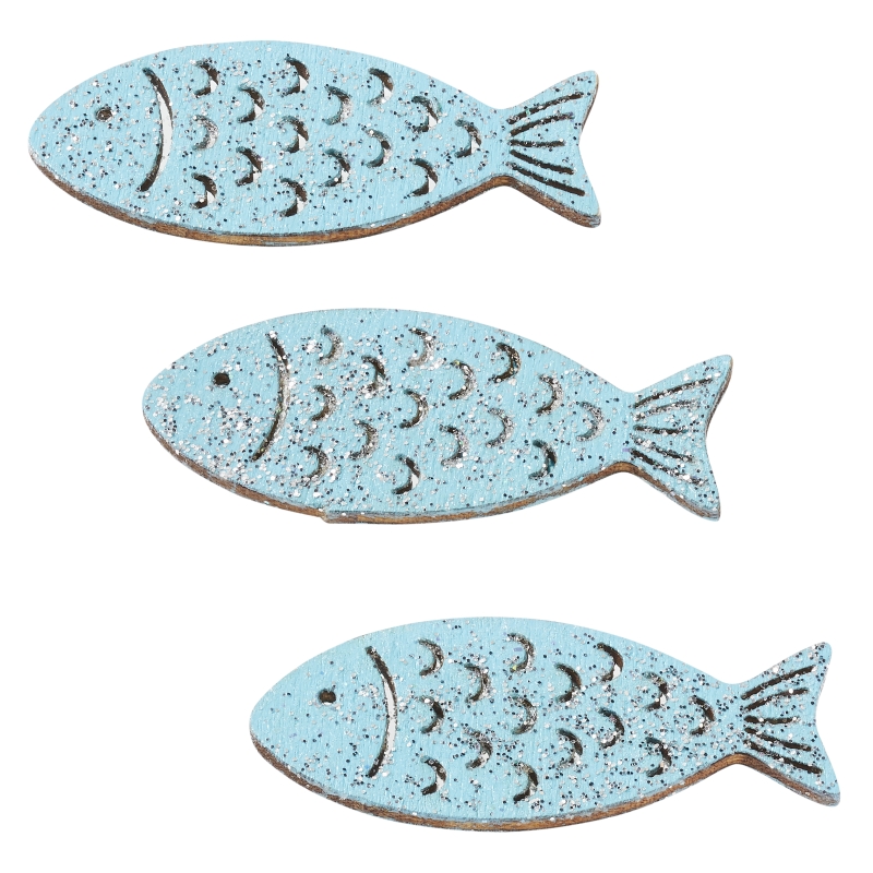 Fische Holz Glimmer, 4cm, 6St. türkis