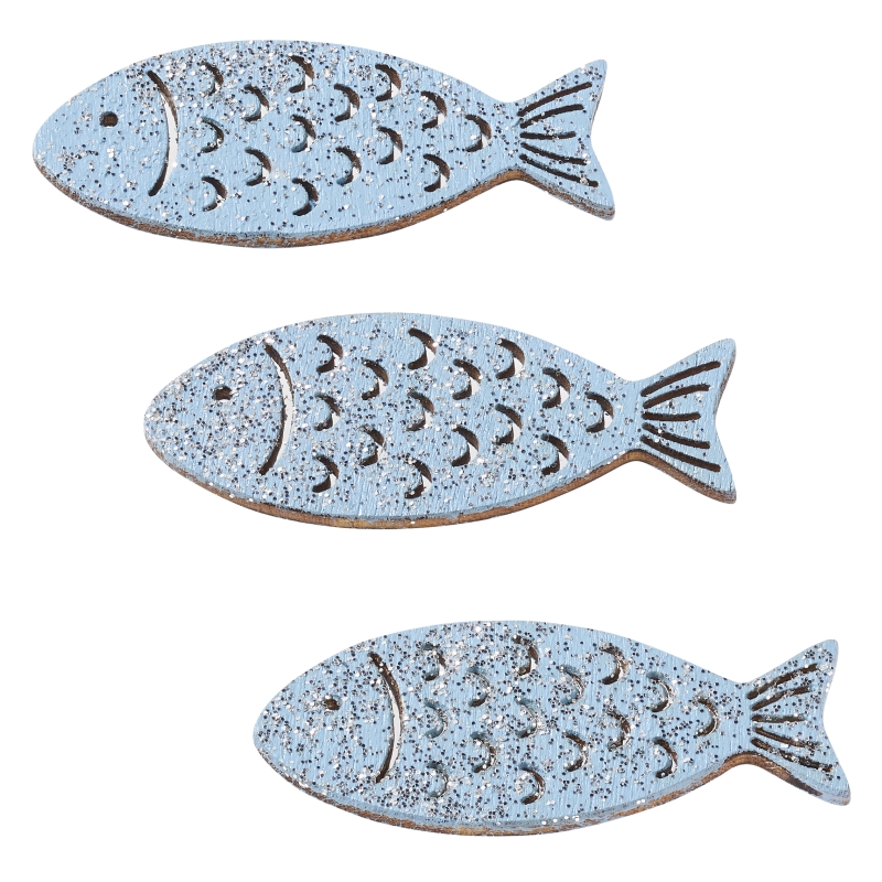 Fische Holz Glimmer, 4cm, 6St. hellblau