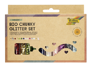BIO Glitter-Set FLOCKEN 10 Dosen, sortiert, 1x Deko-Kleber 90g