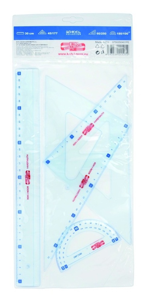 Geometrie- Set  Gro&#223; / 30 cm Lineal   4 Teile , Transparent Blau, bedruckt