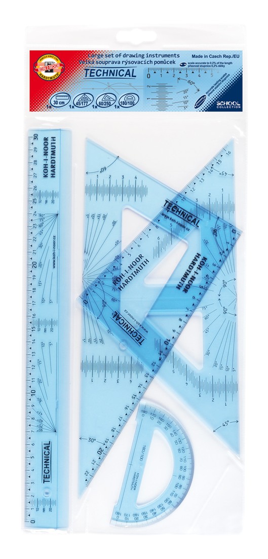Geometrie- Set  Gro&#223; / 30 cm Lineal   4 Teile &quot; TECHNICAL &quot;  , Transparent Blau