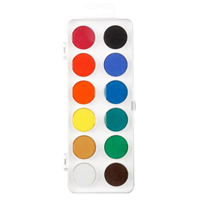 Farbkasten-  12er Tuschkasten Schul- Wasserfarben / weisser Kunststoffkasten