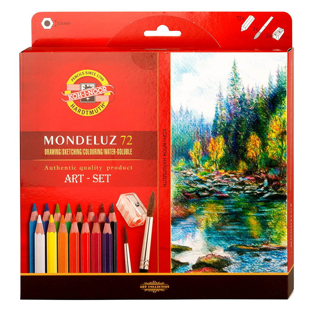Aquarell- K&#252;nstlerfarbstifte  72er Set + Anspitzer und Pinsel - Landschaft