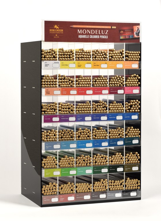 Aquarell- K&#252;nstlerfarbstifte &quot; Mondeluz- Grundfarben  &quot; Acryldisplay gef&#252;llt  / 36 Farben a&#239; 24 Stk.